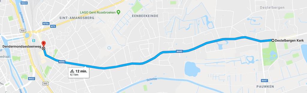 Intergemeentelijke fietsroute Destelbergen Gent Fietsersbond augustus 2018 De huidige route loopt via de N445 (Dendermondesteenweg - Dendermondsesteenweg) De voorgestelde route loopt via de N445