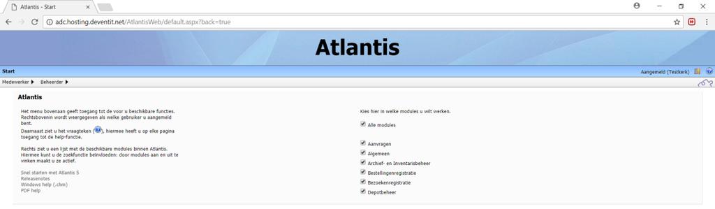 Eenmaal ingelogd komt u op de volgende pagina: De opties rechts staan standaard allemaal aangevinkt; het is belangrijk voor de volledige functionaliteit van het systeem dat dit ook