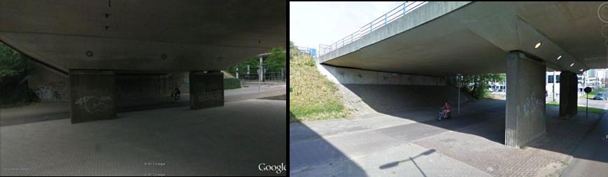 kans op verloedering, zie weergegeven graffiti in afbeelding 32 met links de onderdoorgang in de Beethovenlaan en rechts de Parnassusweg.