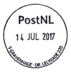 S-GRAVENHAGE - DIERENSELAAN Het stempel werd in januari 2017 teruggezonden (-3 JAN 2017). Dr. Lelykade 220 (Scheveningen) Gevestigd na 2014: Pakketpunt (adres in 2016: Gamma) S-GRAVENHAGE - DR.