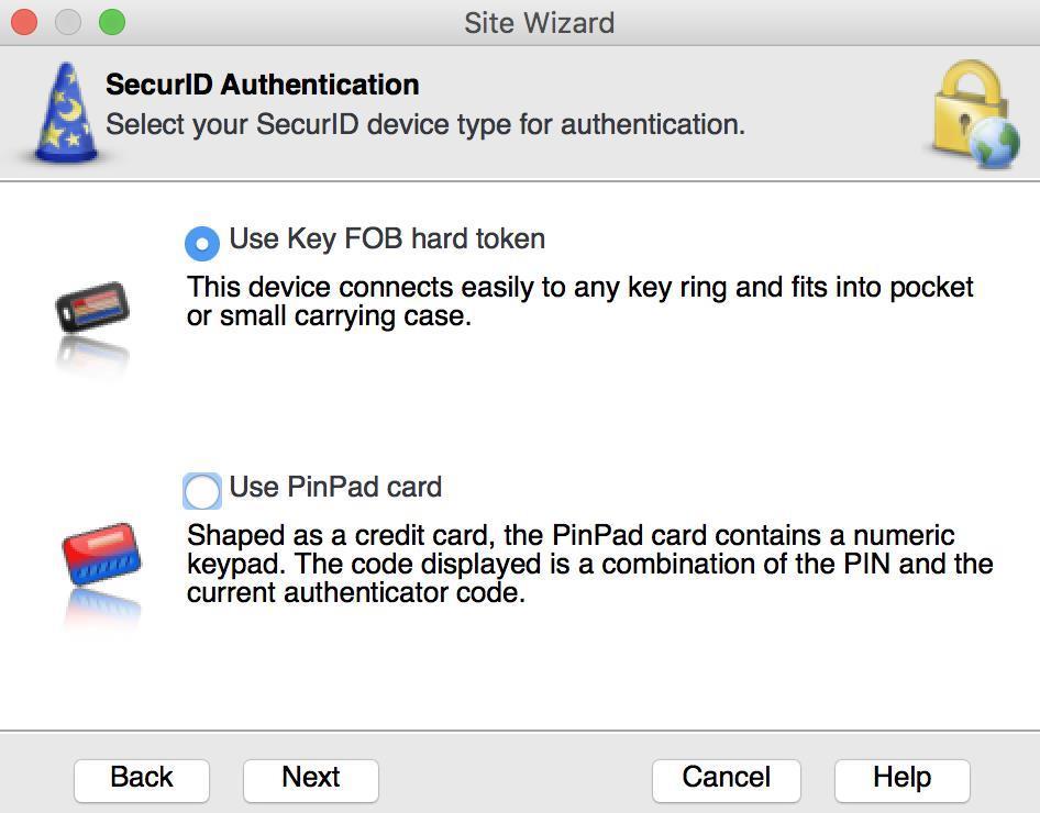 Bij SecurID Authentication kies je voor Use Key FOB