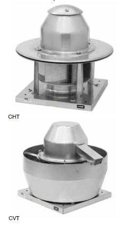 CHT CVT Centrifugale dak ventilator tot 120 C. Basisplaat voor dak montage. Achterovergebogen schoepen met laag geluidsniveau. Motor 230 V. 50 Hz. 1 fase: Isolatieklasse F, IP54. Motor 230/400 V.