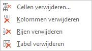 Maak een keuze uit de mogelijkheden bij Verwijderen van de groep Rijen en kolommen van het tabblad Indeling; of Selecteer de rij of de kolom die je wilt verwijderen en kies uit het