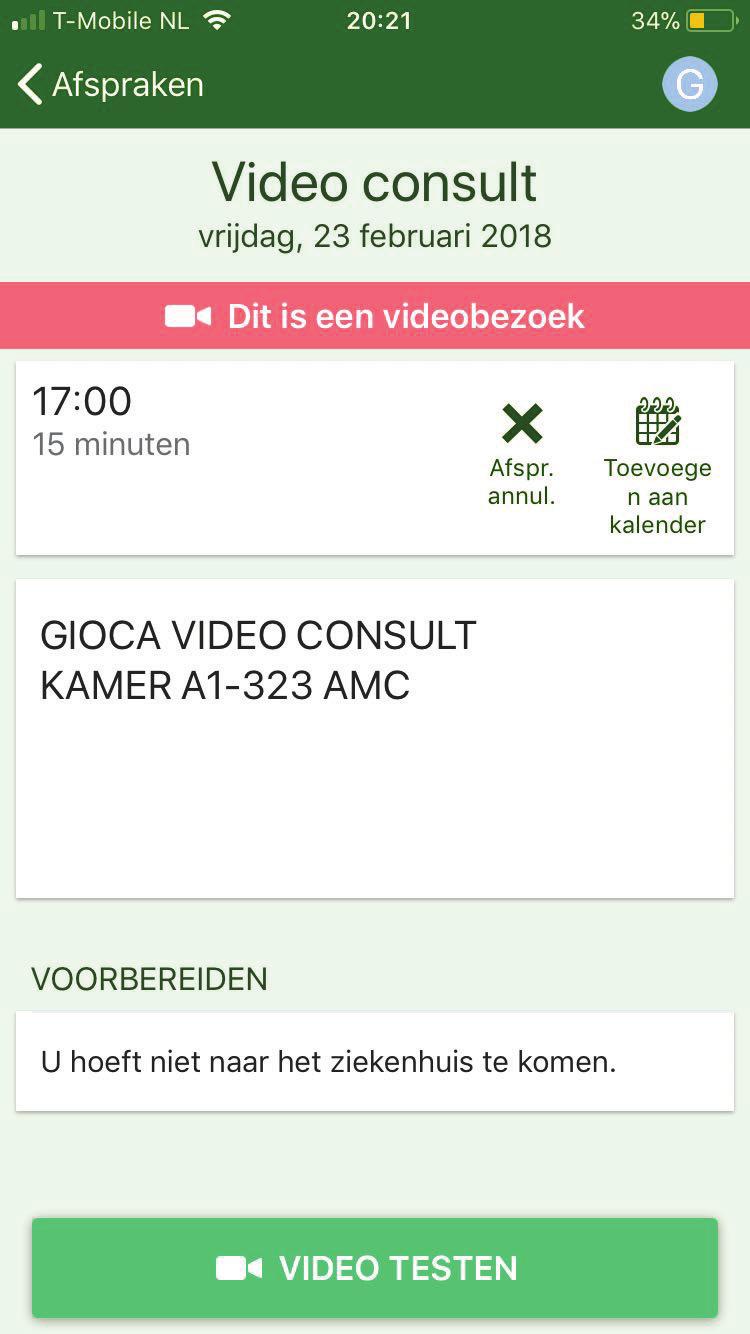 Stap 6 Starten van het videoconsult Als het videoconsult nog niet beschikbaar is, is het icoontje van de camera grijs.