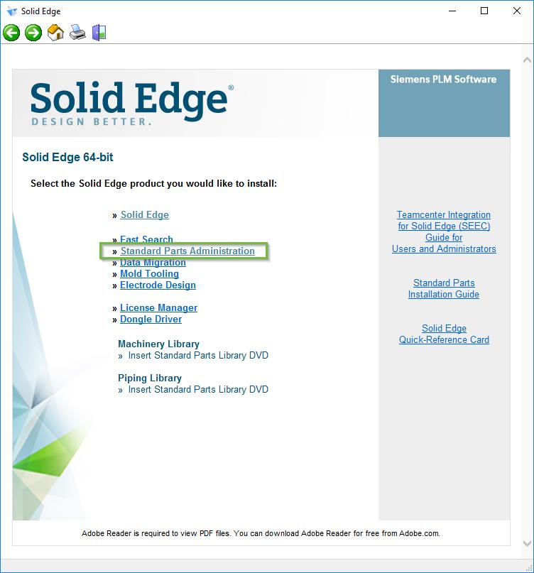 Stap 2 Installatie Administrator Dubbelklik op Solid_Edge_DVD_English_2019.exe om deze uit te voeren. Onderstaand scherm wordt dan getoond. Kies Administration. Wanneer de Solid_Edge_DVD_English_2019.