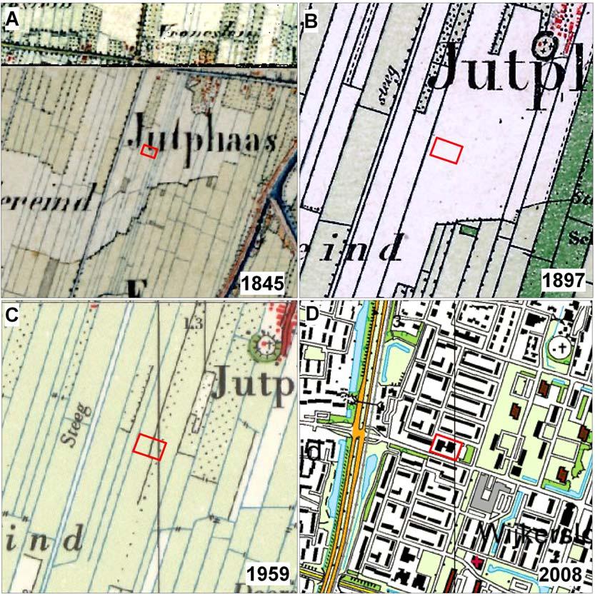 Archeologische onderzoek Richterslaan, Nieuwegein. ArcheoPro Rapport, 1022, Pagina 20 Figuur 10 toont achtereenvolgens topografische kaarten van het onderzoeksgebied uit 1845, 1891, 1960 en 2008.