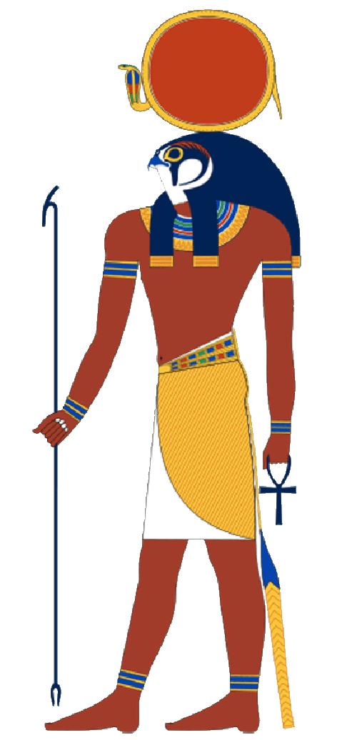 Horus Ra de farao als god Veel later wordt de farao vereerd als de zoon van de zonnegod Ra.