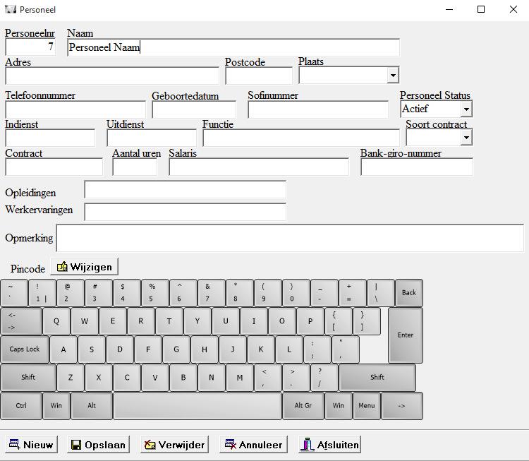 Hierin kun je direct personeel gegevens invoeren. Kies Button Nieuw als je nieuwe personeel wilt invoeren. Kies Button Wijzig als je personeel wilt wijzigen of verwijderen.