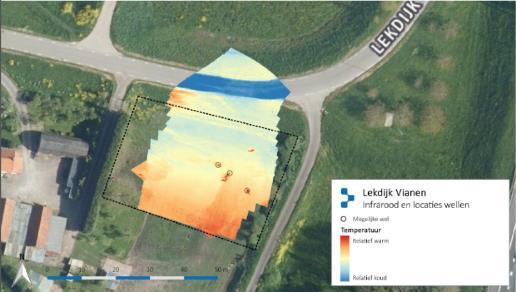 Figuur 3: gemonteerde infraroodbeelden bij de Lekdijk in Vianen, mogelijke wellocaties zijn omcirkeld (bron: Maanen, van Veen & Woerden 2018 metingen hoogwater