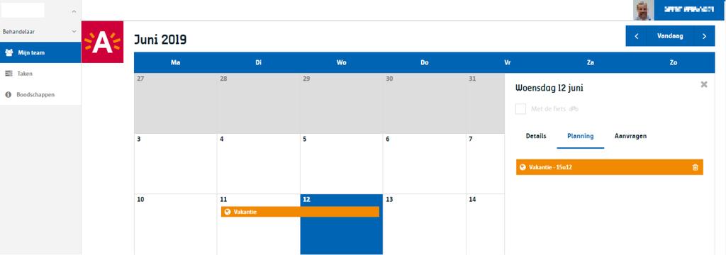 4.5. Een afwezigheidsaanvraag annuleren Als u de vakantiebalk op 11/6 of 12/6 aanklikt in de Kalender, ziet u bij het Tabblad Planning de vakantie staan.