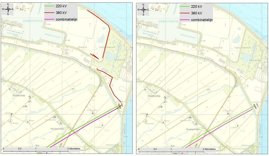Figuur 11 In de nieuwe Netkaart zijn er in het Eemshavengebied drie korte 380 kv-lijnen bijgekomen. Links het gebied in de nieuwe Netkaart en rechts in de oude Netkaart.