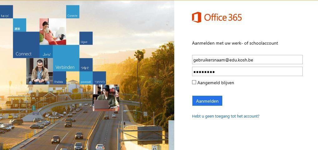 Aanmelden op het Office 365 portaal Met bovenstaande accountgegevens kan je je aanmelden op het Office 365 portaal op http://portal.office.com In het bovenste tekstveld vul je jouw gebruikersnaam in.