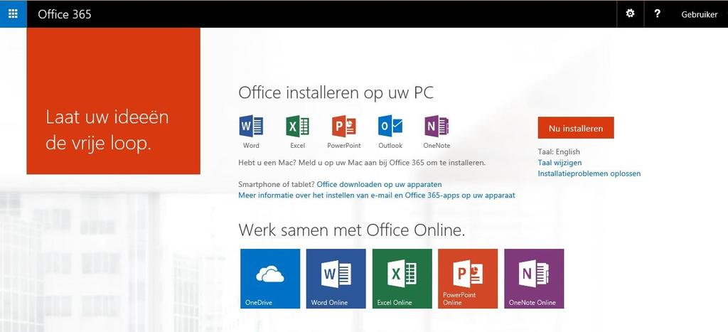 Office 365 gebruiken Zodra je je hebt aangemeld, kom je terecht op de startpagina. Vanop deze pagina kan je direct gebruik maken van de online versie van de Office applicaties.