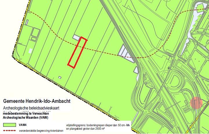 Plangebied op beleidsadvieskaart Bij de bouw van de nieuwe kas worden beide vrijgestelde waarden gekoppeld aan VAW 4 overschreden en is