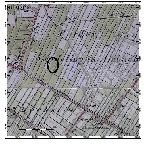 Plangebied op historische kaart (uit ARCHOL-rapport 253) In het plangebied is tussen ca 1300 en 1900 geen bebouwing aanwezig.