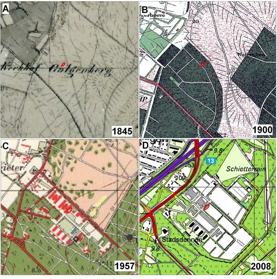 Archeologische onderzoek Ceintuurbaan, Harderwijk. ArcheoPro Rapport, 954, Pagina 18 Figuur 11 toont achtereenvolgens topografische kaarten van het onderzoeksgebied uit 1845, 1900, 1957 en 2008.