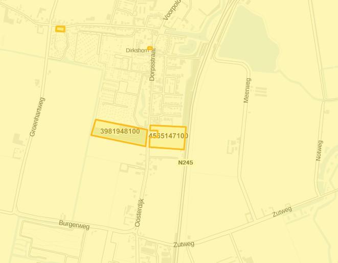 Figuur 3. Dirkshorn, Oosterdijk. Uitsnede van de Archis-kaart. Het plangebied is het gele vlak met zaaknummer 4565147100. De gele vlakken zijn onderzoeksmeldingen. 2.