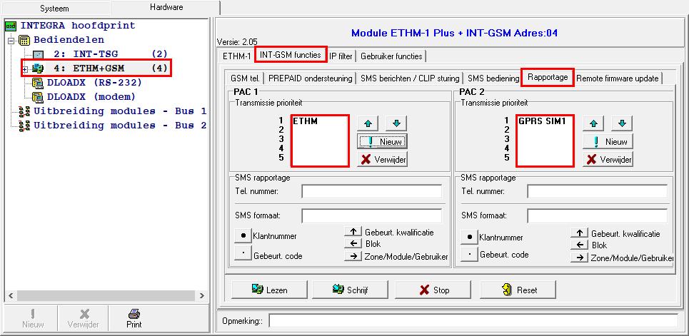 NIEUW knop en selecteer de juiste transmissiekanalen): PAC 1 ETHM en als 2 e GPRS SIM1 of GPRS SIM 2 Fig. 3. Transmissie prioriteit instellingen voor SP met back-up doormelding.