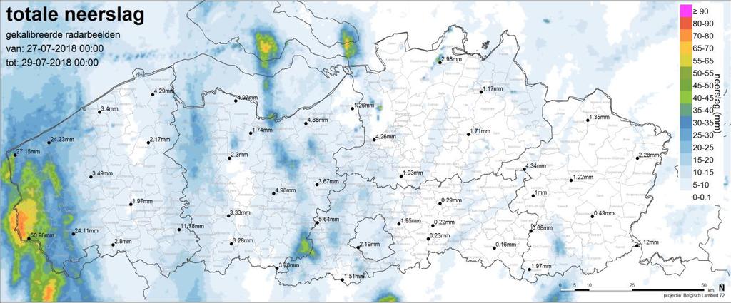 figuur 2: Maximale gemeten neerslag (pluviometers) binnen een tijdsspanne van 24 uur (mm/24u).