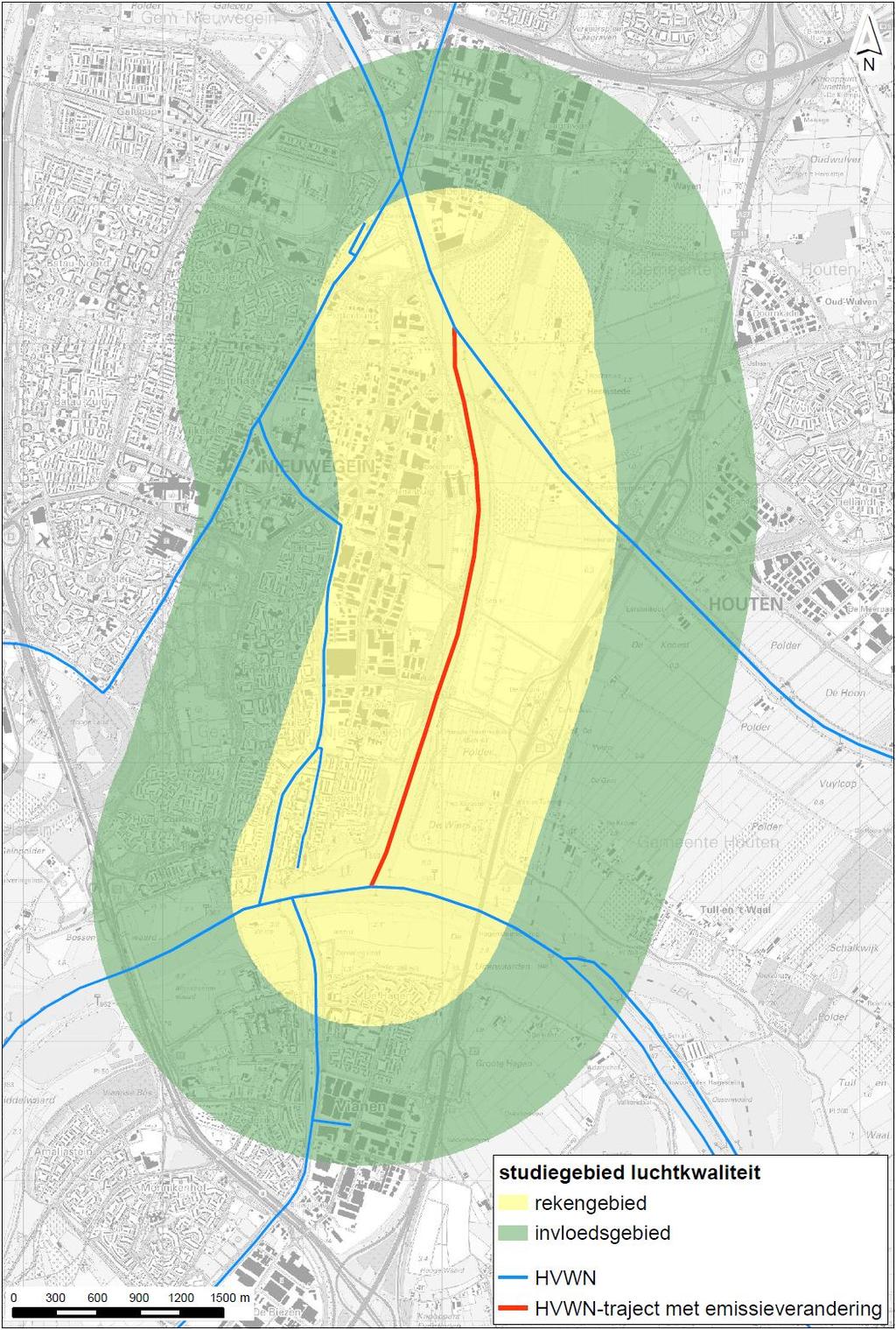 blijft tot 1 km (rekengebied), plus 1 km (invloedsgebied) om randeffecten te voorkomen.