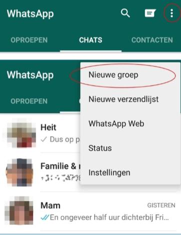 STAPPENPLAN WHATSAPPGROEP MAKEN 1. STAPPENPLAN WHATSAPPGROEP MAKEN 1. Open WhatsApp en druk rechtsboven in op de drie groene bolletjes. Kies in het pop-up venster voor Nieuwe groep. 2.