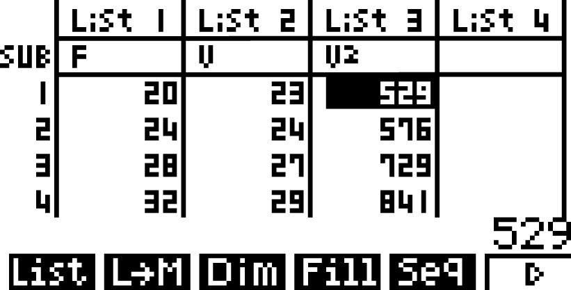 De oplossing van vraag c met de GR Casio Ga in het MENU naar, druk op EXE en voer de waarden in van tabel 4. in je GR in een lijst. Vul in lijst L de F-data in en vul lijst L met de v-data.