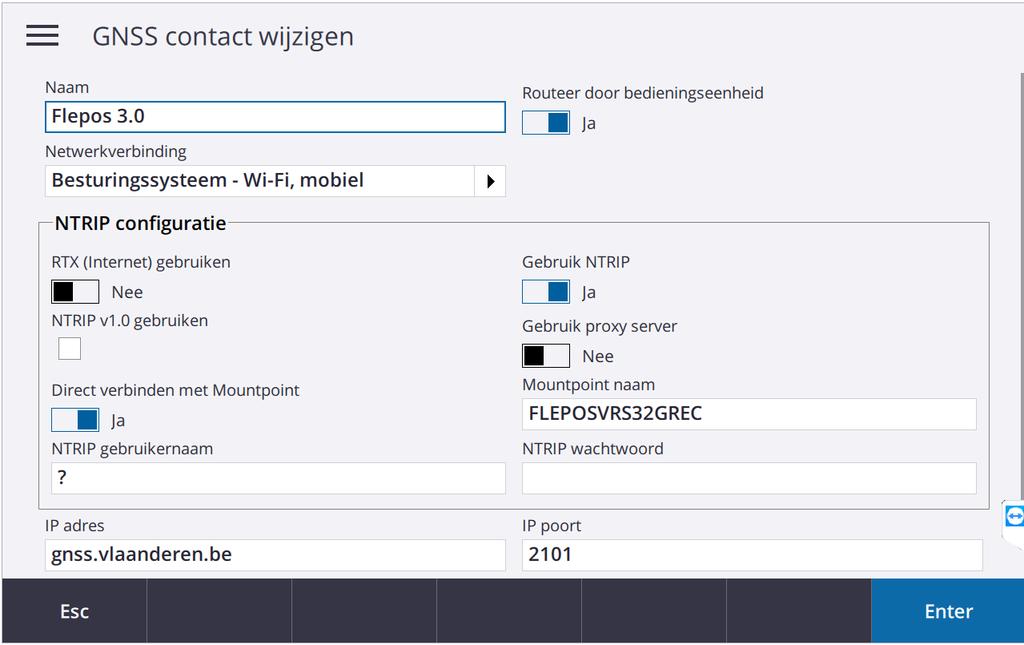 0 Verander de Mountpoint naam aan de hand van de informatie uit hoofdstuk Overzicht RTK RTCM Mountpoints Voer de nieuwe NTRIP gebruikersnaam en NTRIP wachtwoord in die u