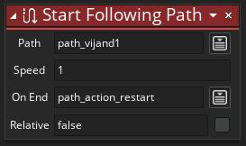 Vervolgens voegen we hier de Start Following Path actie aan toe. Het is belangrijk dat je hierbij aangeeft wat de vijand moet doen, zodra hij het pad gevolgd heeft.