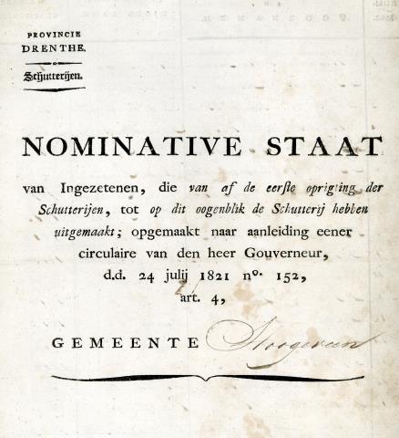 Nominative Staat Van ingezetenen, die van af de eerste oprichting der Schutterijen, tot op dit ogenblik de Schutterij hebben uitgemaakt.