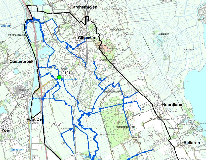 Kaart 4.1: ligging van meetpunt 2101. Gebiedsgerichte normen Drentsche Aa Fosfor (mg/l) Stikstof (mg/l) Zuurstof (%) Chloride (mg/l) Doorzicht (mg/l) Zuurgraad (mg/l) Goed 0,10 2,2 70 120 30 n.v.t 5,5 8,5 Matig 0,13 4,4 60 130 80 n.