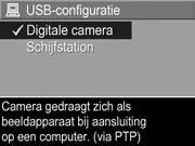 USB-configuratie Deze instelling bepaalt hoe de camera wordt herkend als deze op een computer wordt aangesloten. 1. Selecteer in het menu Instellen (pagina 131) de optie USB. 2.