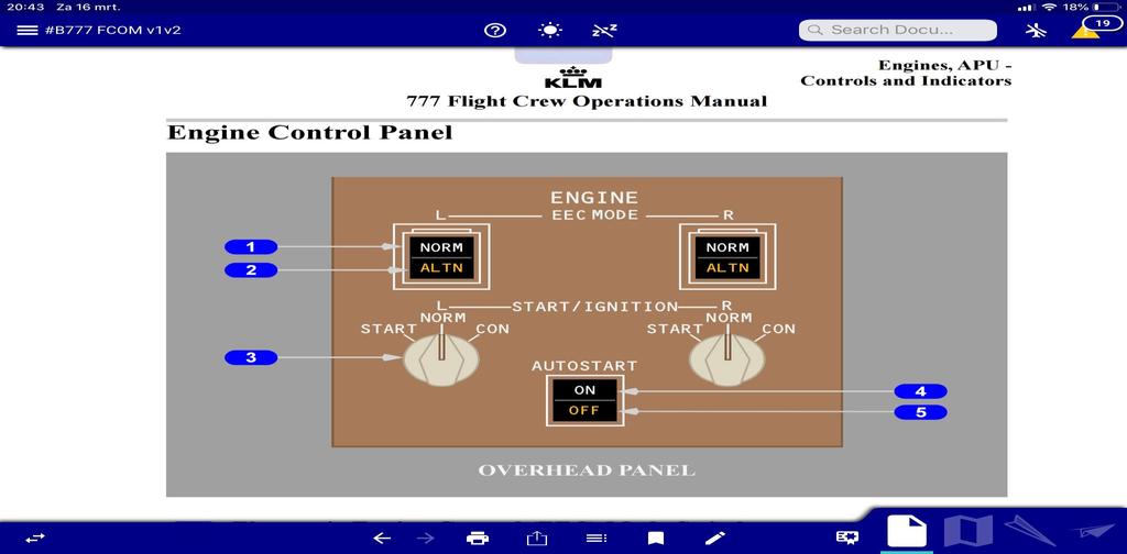 Een vraag die voorkomt bij de 737 (en mogelijk niet bij de 777/787): tijdens start en landing moeten de Engine start switches op