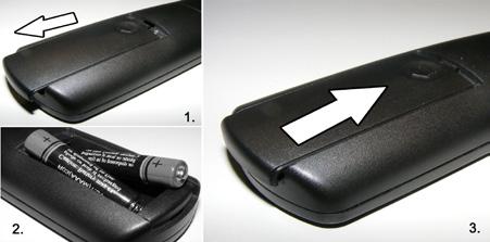 De batterijen aanbrengen in de afstandsbediening Til het deksel omhoog aan de achterkant van de afstandsbediening. Installeer twee AAA batterijen.