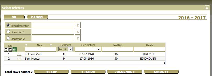 Klik op selecteer en je ziet het onderstaand scherm Hier staan de scheidsrechters die door de club benoemd zijn. Selecteer een scheidsrechter.