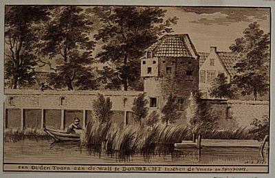 DORDRECHT, SPUIBOULEVARD 273-287 Waarneming van een deel van de stadsmuur M.C. Dorst De stadsmuur met de Beulstoren op een tekening van Schouman uit 1747 (Erfgoedcentrum DIEP, inventarisnr.