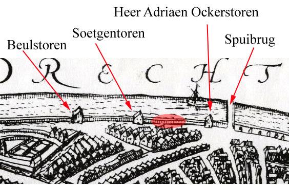 Het aangetroffen deel van de stadsmuur is het stuk dat lag tussen de Heer Adriaen Ockerstoren, die direct ten oosten van de Spuibrug lag, en de Soetgentoren (afb. 5)