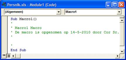 Verder is de procedure gelijk met Excel 2003. Om bij de nieuw opgenomen macro te komen druk je op de toetsen ALT en F11, de VBA-Editor wordt geopend. Klik op het plusje voor VBAProject (PERSONAL.
