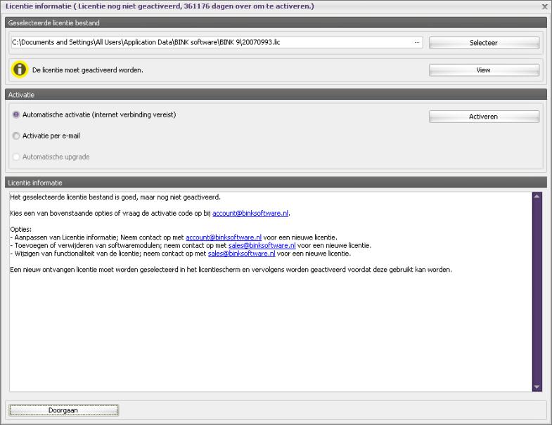 Wanneer een licentiebestand is geselecteerd, moet deze worden geactiveerd. Dit kan automatisch via bovenstaande optie.
