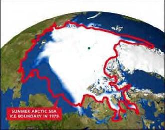 Dat is altijd het wak. De rode lijn is de grens van de Noordpool in 1979. In 34 jaar tijd is op de Noordpool veel ijs verdwenen. Het wordt warmer De aarde wordt langzaam een beetje warmer.