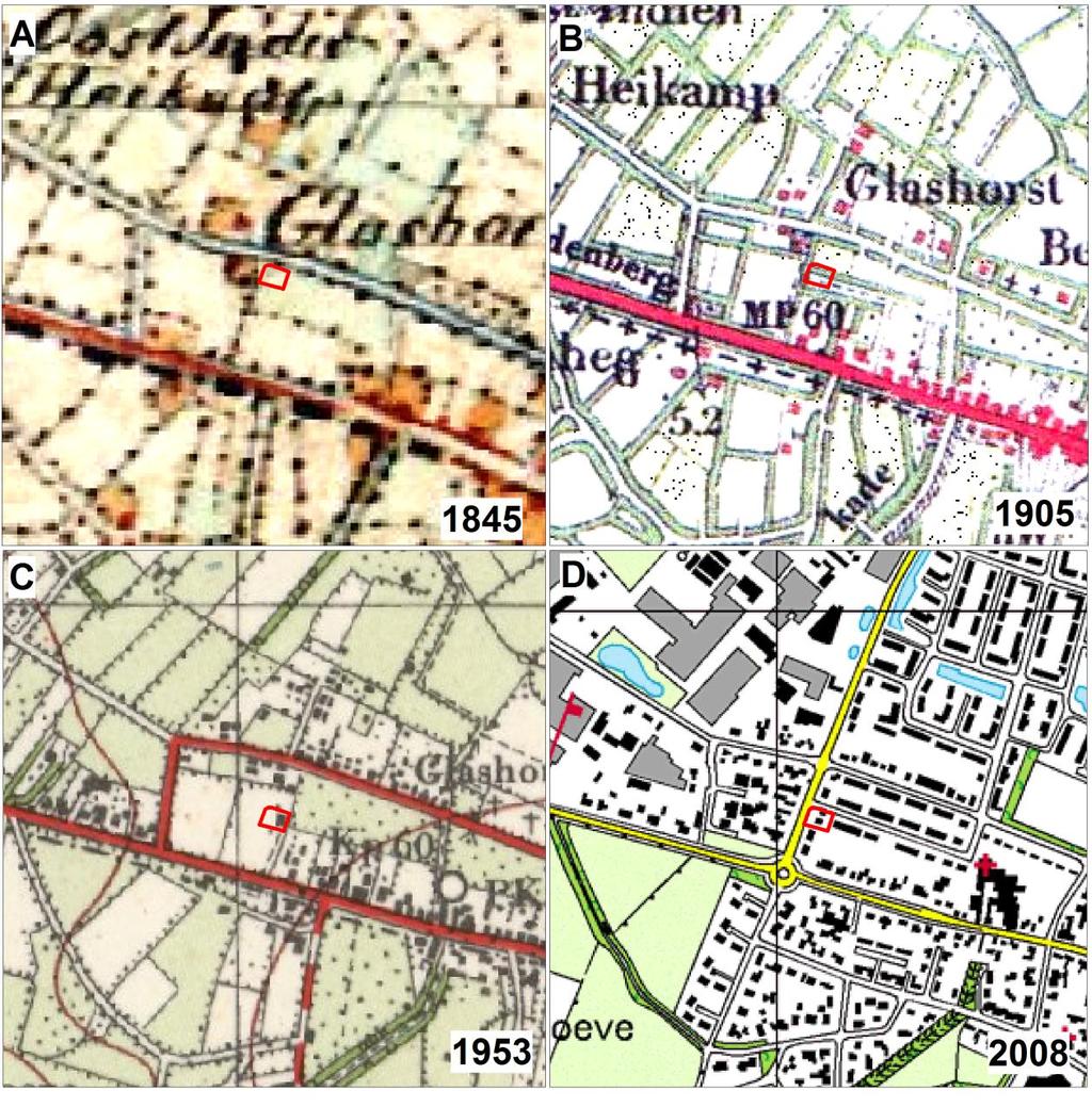 Archeologische onderzoek Industrielaan, Scherpenzeel ArcheoPro Rapport, 1059, Pagina 17 Figuur 10 toont achtereenvolgens topografische kaarten van het onderzoeksgebied uit 1845, 1905, 1953 en 2008.