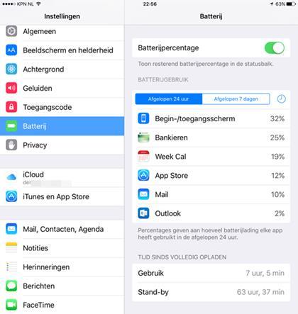 Batterijverbruik Nu je toch bij de batterij-instellingen bent; je ziet hier het batterijverbruik van de meest gebruikte apps verschijnen.