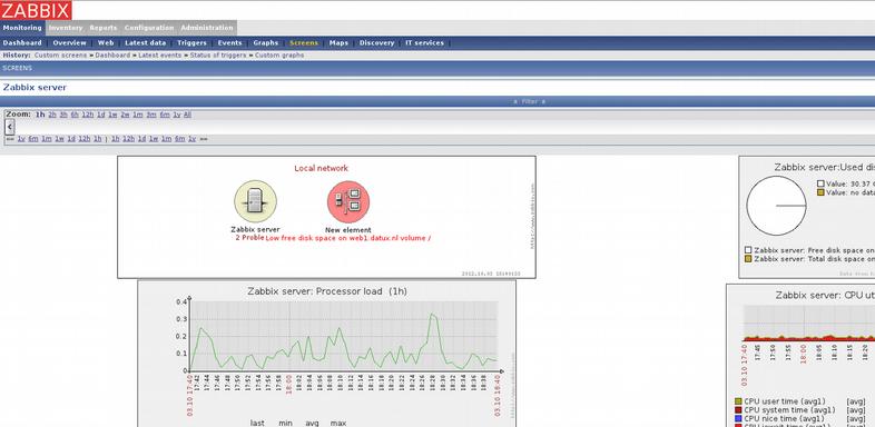 Server monitoring Met behulp van ons Zabbix monitoring platform kunnen we uw servers 24 uur per dag monitoren en u meteen via SMS of mail op de hoogste stellen bij problemen.