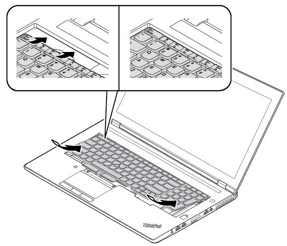 3. Schuif het toetsenbord in de richting die wordt aangegeven. Zorg ervoor dat de klemmen onder het toetsenbordframe zitten. 4.