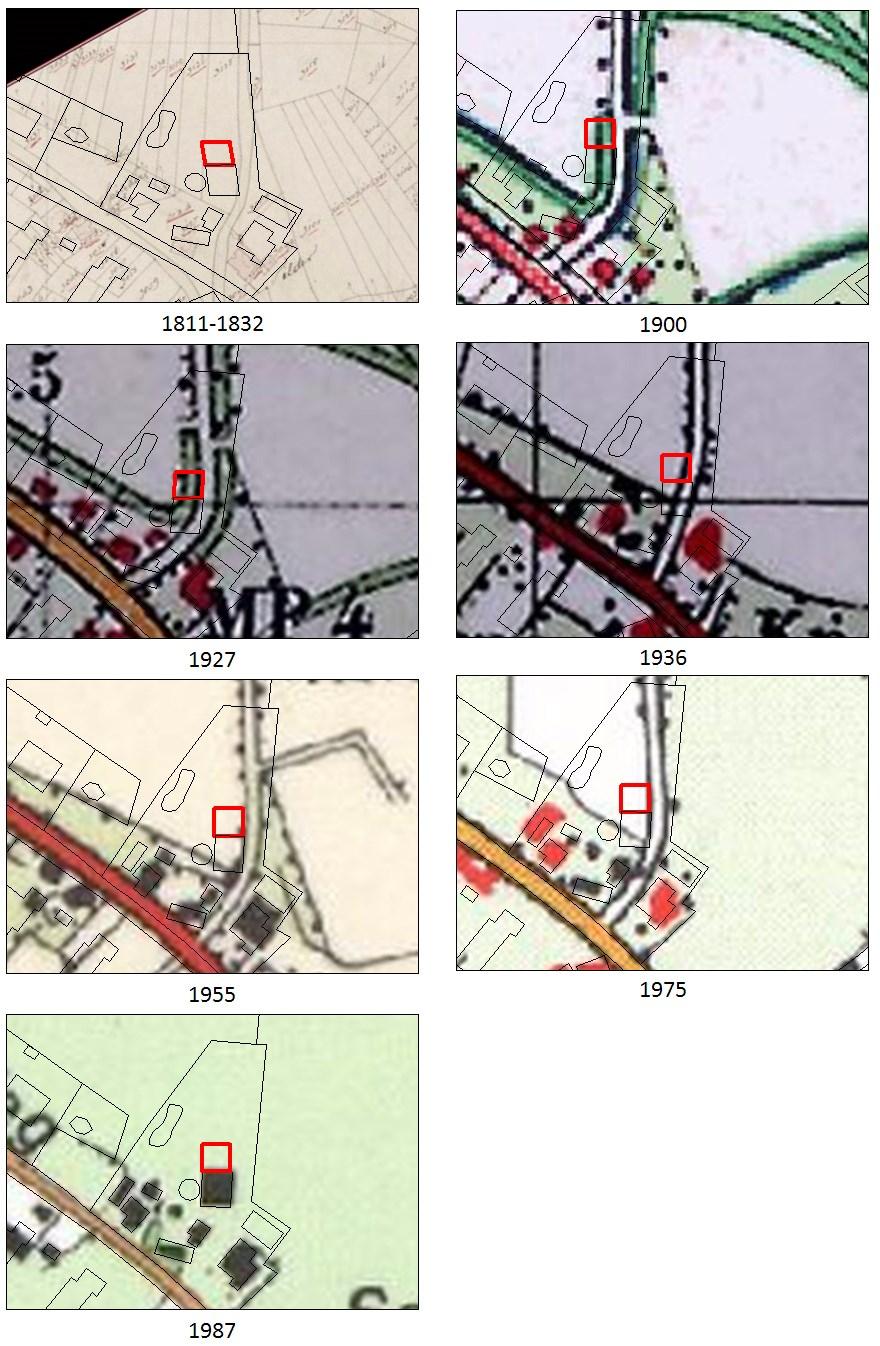 Afbeelding 5. Het plangebied geprojecteerd op diverse oude kaarten.