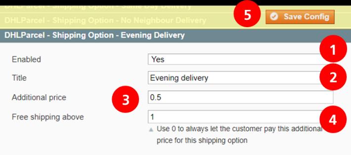 Evening Delivery - levering tussen 18.00u en 21.00u s avonds (enkel bij consumenten in Nederland) Selecteer Yes bij Enabled (1). Vul de naam in van deze afleveroptie (2).