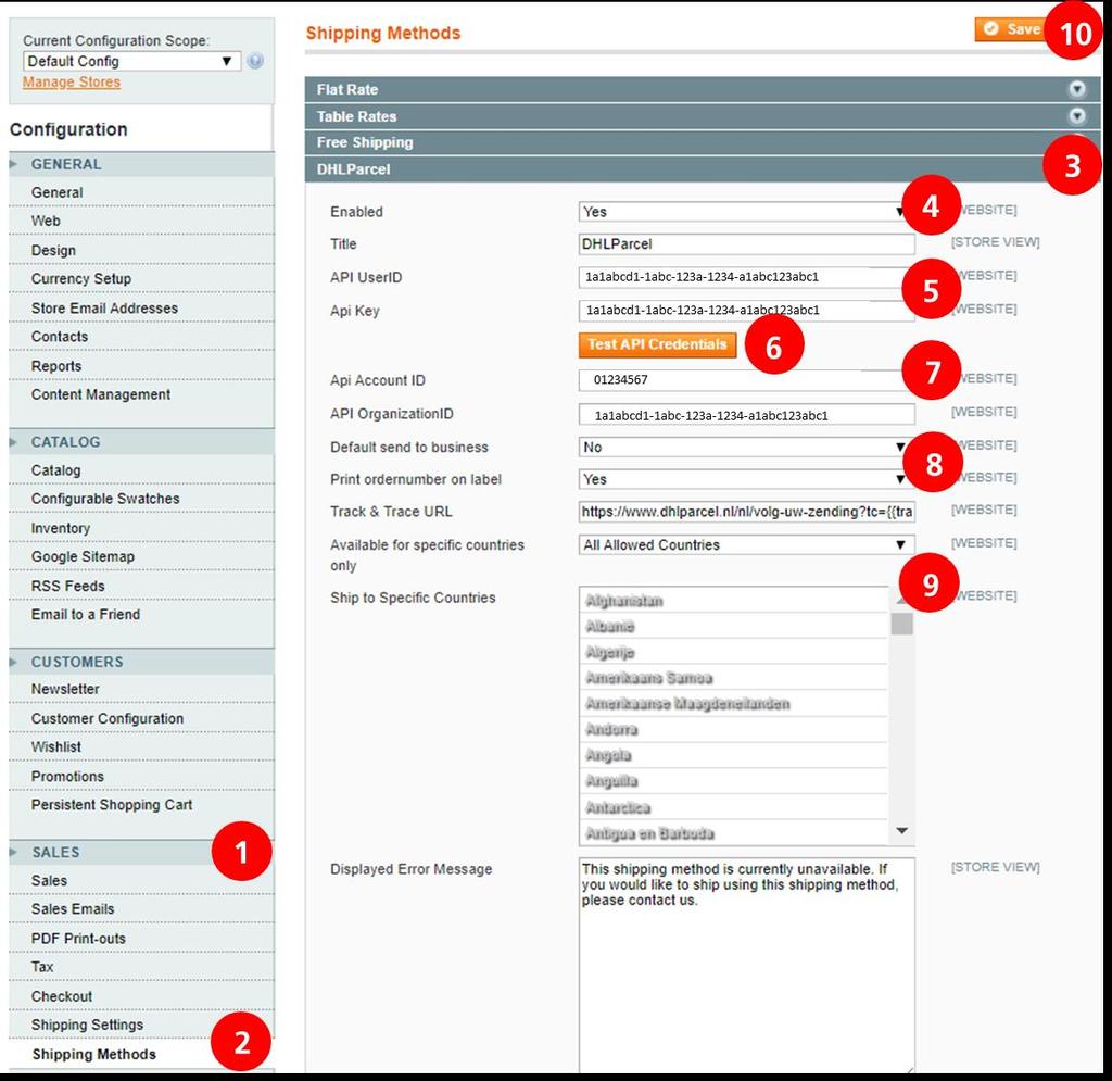 Stap 4: Instellen van de DHL koppeling in Magento Klik op Sales (1), kies voor Shipping Methods (2) en klik het menu DHL Parcel (3) open.