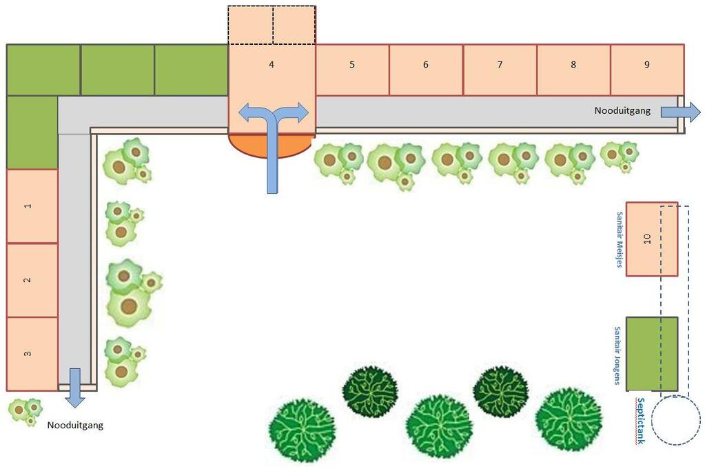 Plattegrond Hier ziet u een situatieschets van het geplande schoolgebouw voor de toekomst. De groene delen zijn al in steen gebouwd, de overige roze delen zijn bestaande gammele houten lokalen.