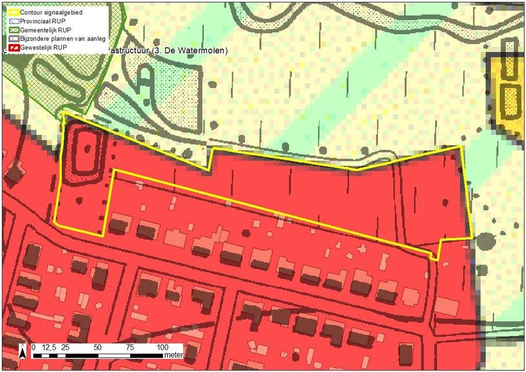 Figuur: situering signaalgebied op gewestplan met aanduiding van goedgekeurde BPA s en RUP s en weergave van de bebouwingstoestand volgens het Grootschalig Referentiebestand GRB.