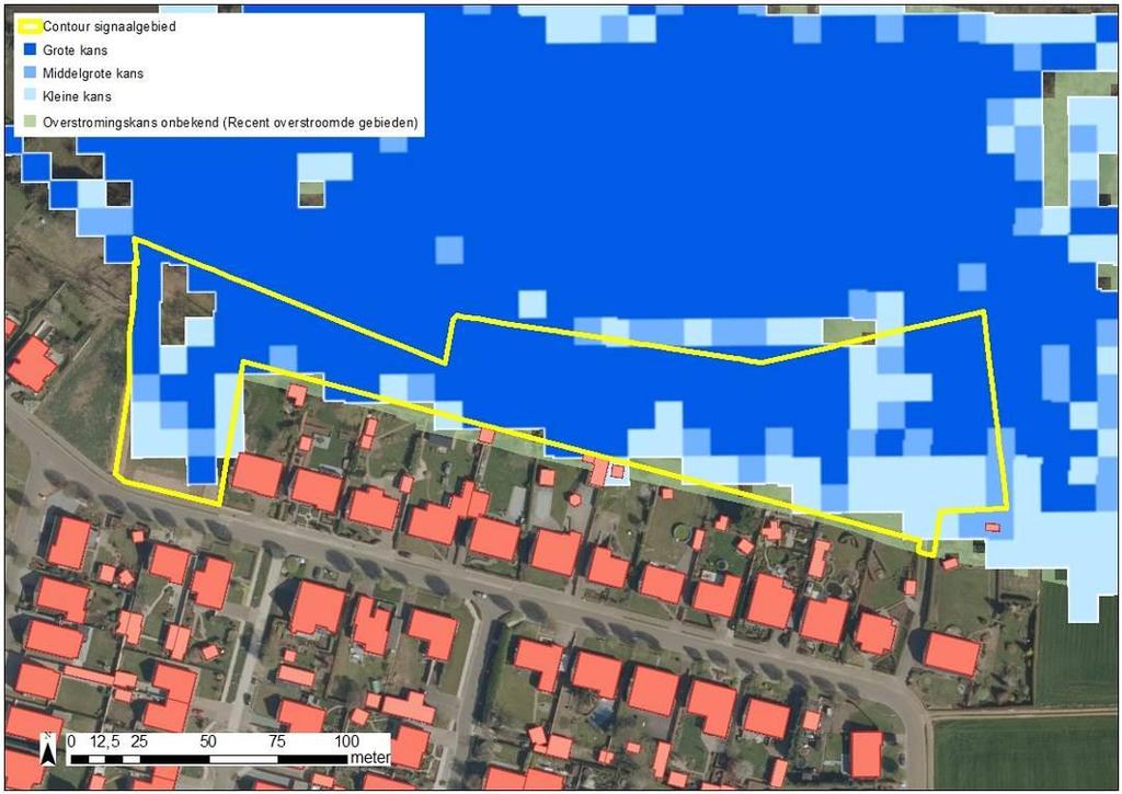 Figuur: De blauwe contouren geven de huidige overstromingskans weer. Hoe donkerder blauw, hoe groter de overstromingskans.