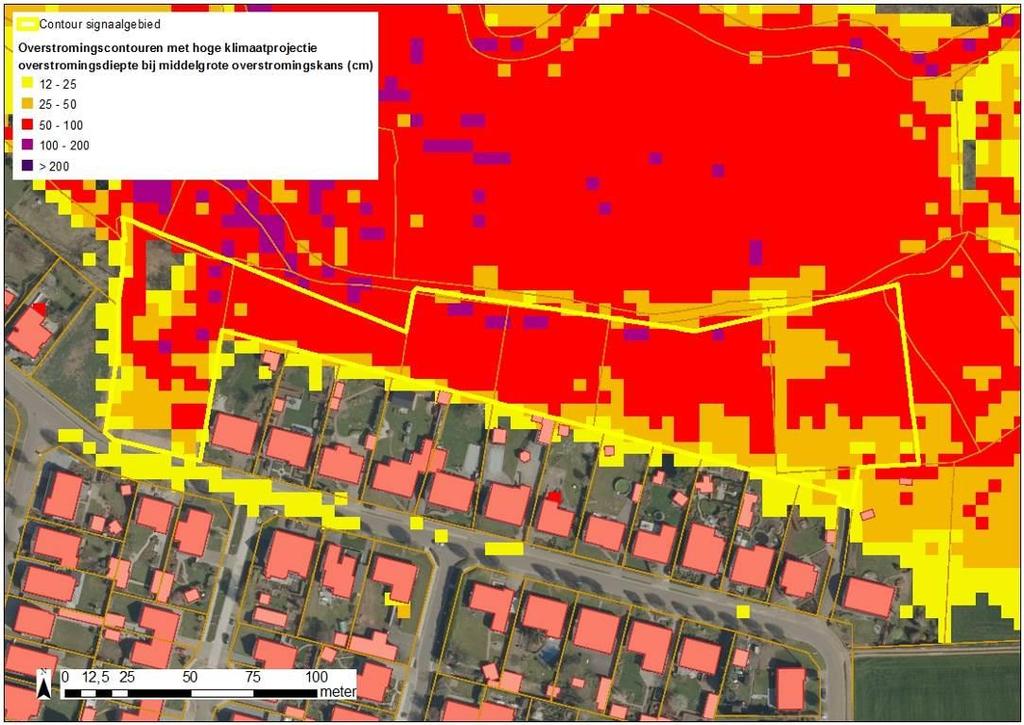 De groene contour geeft de recente overstroomde gebieden (ROG) weer, waar geen specifieke overstromingskans gekend